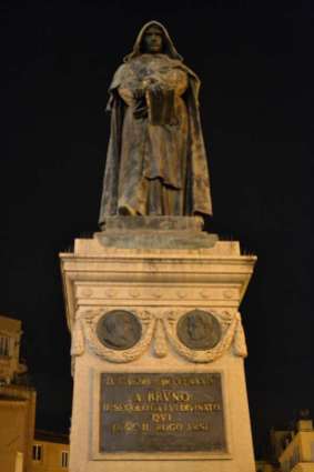 In 1887 Ettore Ferrari dedicated a monument to him on the exact spot of his death: he stands defiantly facing the Vatican, reinterpreted in the first days of a reunited Italy as a martyr to freedom of speech.