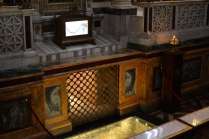 Saint Paul's tomb is below a marble tombstone in the Basilica's crypt below the altar. The tombstone bears the Latin inscription Paulo Apostolo Mart "to Paul the apostle and martyr".