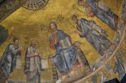 The apse mosaic was made by Venetian artists ~ Christ is flanked by the Apostles Peter, Paul, Andrew and Luke.
